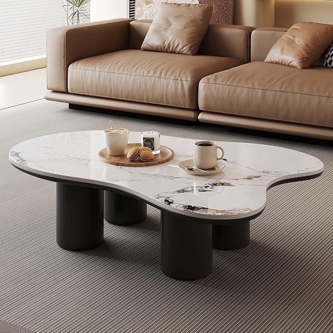 Cloud Coffee Table, Irregular Indoor Tea Table for Living Room, 48.4" Modern Home Sintered Stone End Table with 4 Black Legs
