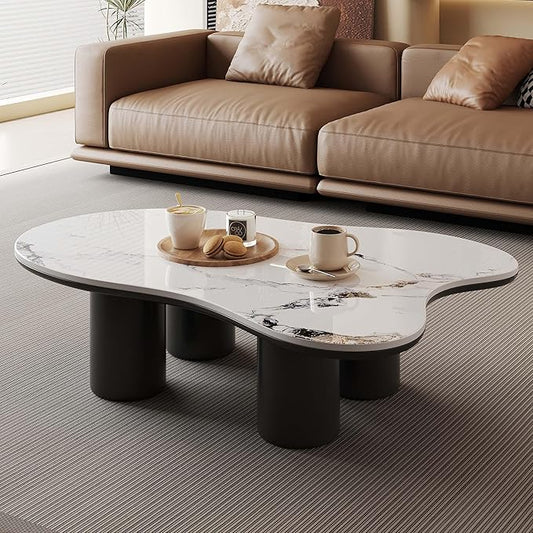 Cloud Coffee Table, Irregular Indoor Tea Table for Living Room, 48.4" Modern Home Sintered Stone End Table with 4 Black Legs