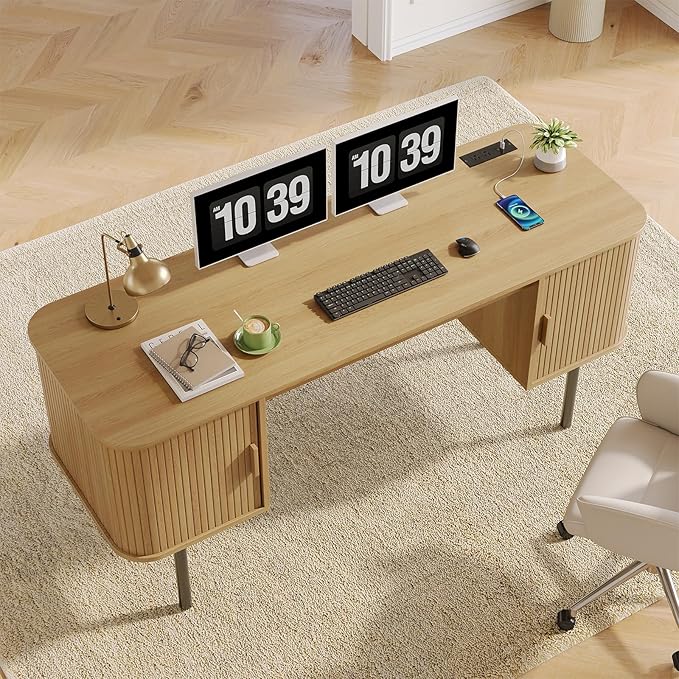 ONBRILL 63 Inch Fluted Computer Desk with Charging Station, Mid Century Executive Desk with 2 Storage Cabinets, Modern Home Office Large Desk with Metal Legs for Working, Studying, Writing, Oak