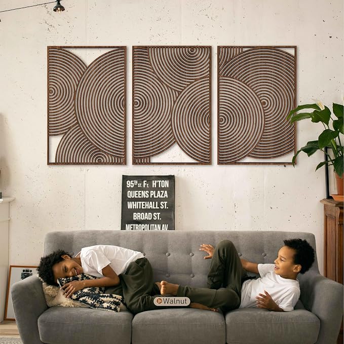 Geometric Wood Wall Art Modern, Mid Century Circular Wooden Decor, Abstract Overlapping Circles for Boho Interiors, Housewarming Gift for Living Room and Bedroom