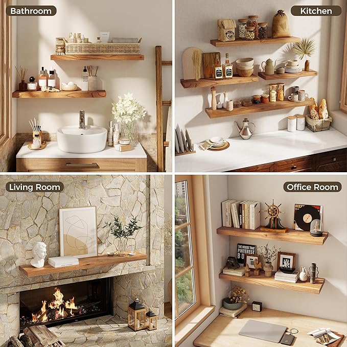 48 Inch Floating Shelves for Wall, 8"D High End Solid Hardwood Shelves for Decor Storage, Rustic Wall Shelves with Invisible Heavy Duty Brackets for Living Room, Kitchen, Bathroom, Natural, 1 Pack