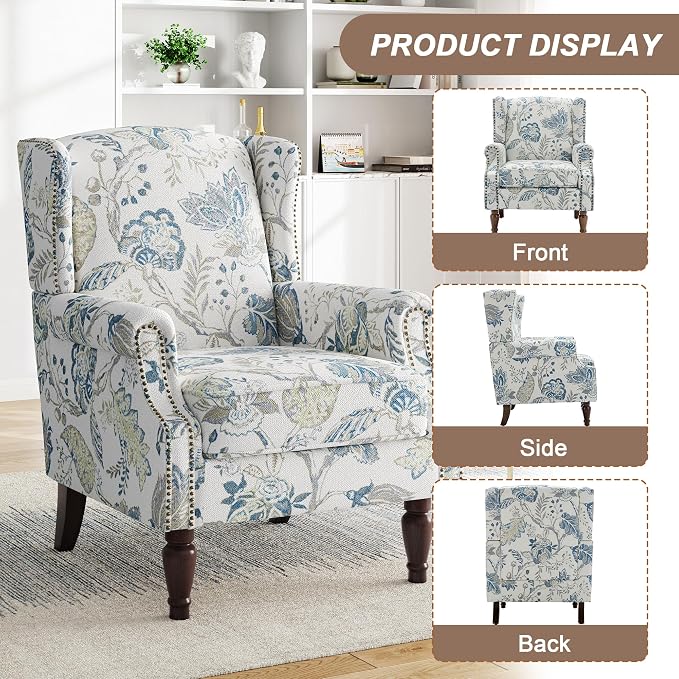 Pia Ricco High Back Floral Accent Chair - Retro Wingback Upholstered Armchair with Nailhead Trim, Solid Wood Legs, Fabric Living Room Bedroom Reading Chair (Plants Blue)