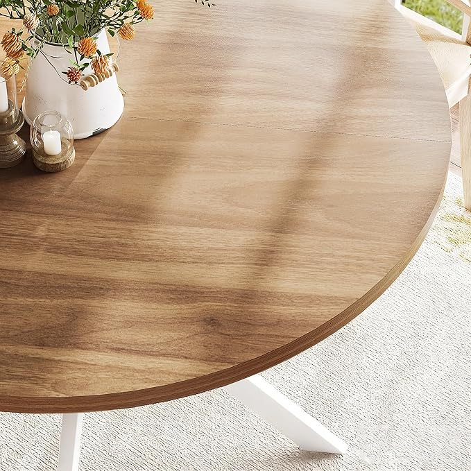 ChooChoo 47.2 Inch Round Dining Table for 4, Farmhouse Wood Kitchen Table, Circle Dinner Table for Kitchen & Dining Room, Walnut&White
