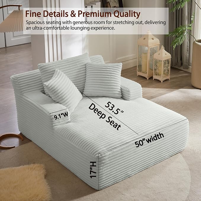 50" Indoor Oversized Chaise Lounge, Corduroy Upholstered Sleeper Chair with 3 Pillows & Armrests, Spring Cushion Lazy Sofa Bed for Living Room Apartment, Light Grey