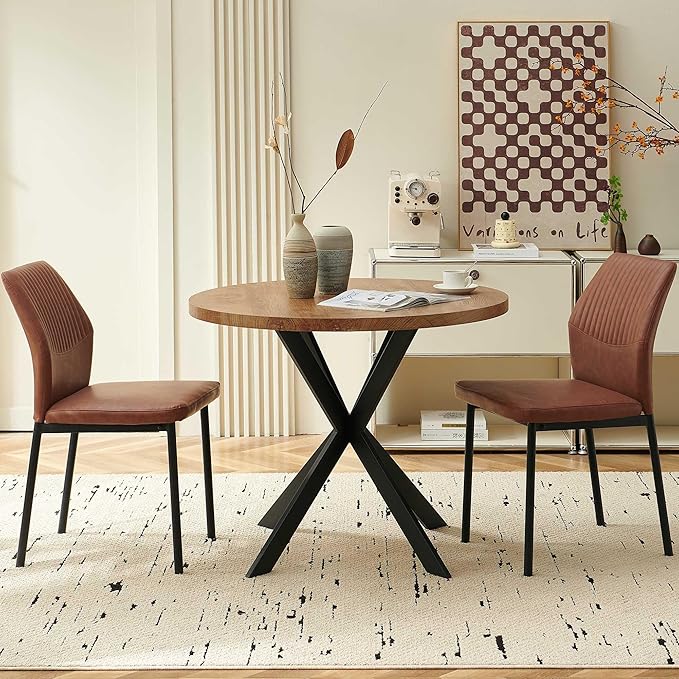 37" Round Dining Table Set for 2, Mid Century Modern Small Coffee Set for Dining Room Kitchen Apartment (Walnut Table + 2 PU Leather Brown Chairs)