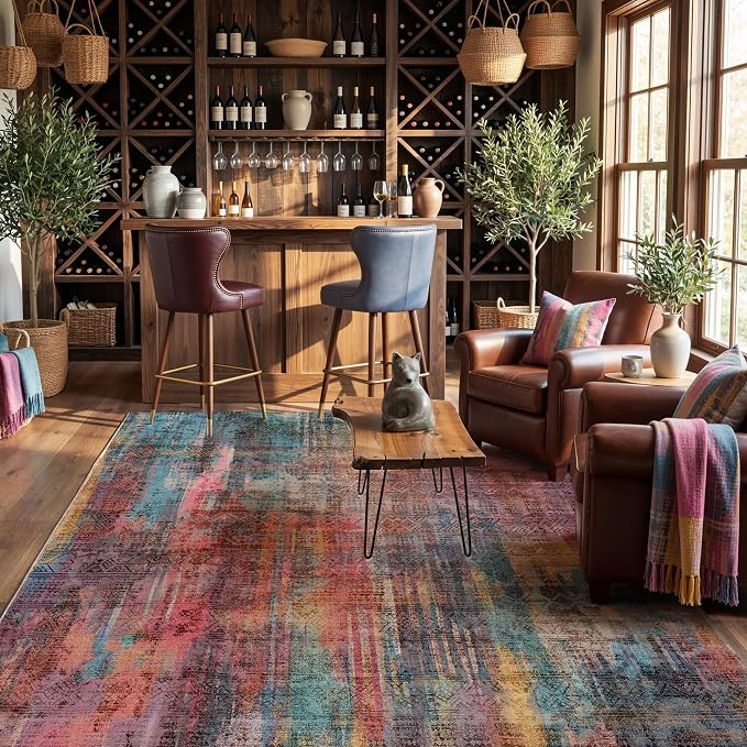 Kokia Abstract Area Rugs Washable Indoor 6x9 Rug Boho Distressed Retro Low Pile Non-Slip Non-Shedding Brick Ochre Carpet Bedroom Living Room Dining Room, Oslo Cave