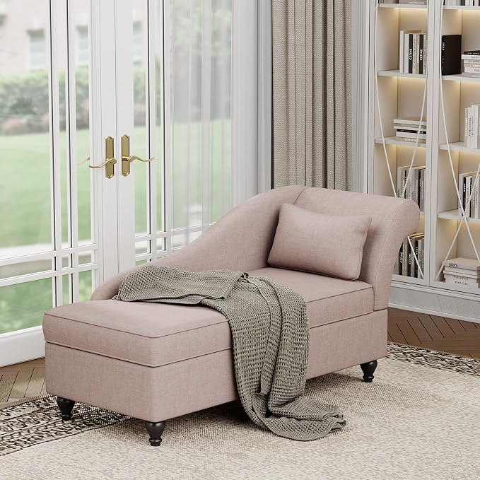 Indoor Storage Chaise Lounge Upholstered Fabric Lounge Chair Living Room Bedroom Corner Small Chaise Sofa Recliner with Wood Legs (Right Arm) Tan