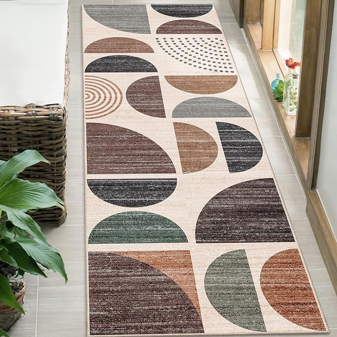MUJOO Runner Rug Washable,2x6 Area Rugs for Hallways Kitchen Bathroom Bedroom Entryway,Non Slip Carpet Long Mat Indoor,Boho Soft Modern Abstract Brown