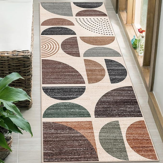 MUJOO Runner Rug Washable,2x6 Area Rugs for Hallways Kitchen Bathroom Bedroom Entryway,Non Slip Carpet Long Mat Indoor,Boho Soft Modern Abstract Brown