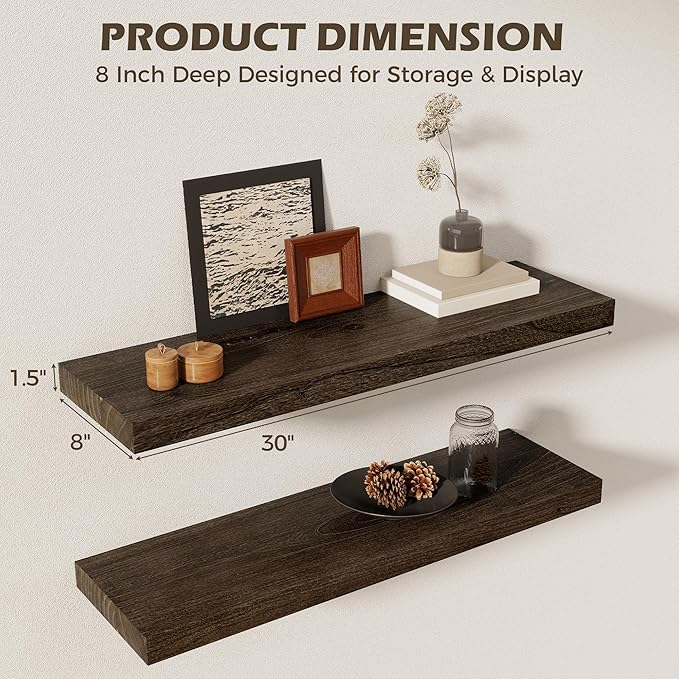30 Inch Floating Shelves for Wall, 8"D High End Solid Hardwood Shelves for Decor Storage, Rustic Wall Shelves with Invisible Heavy Duty Brackets for Living Room, Kitchen, Bathroom, Walnut, 2 Pack