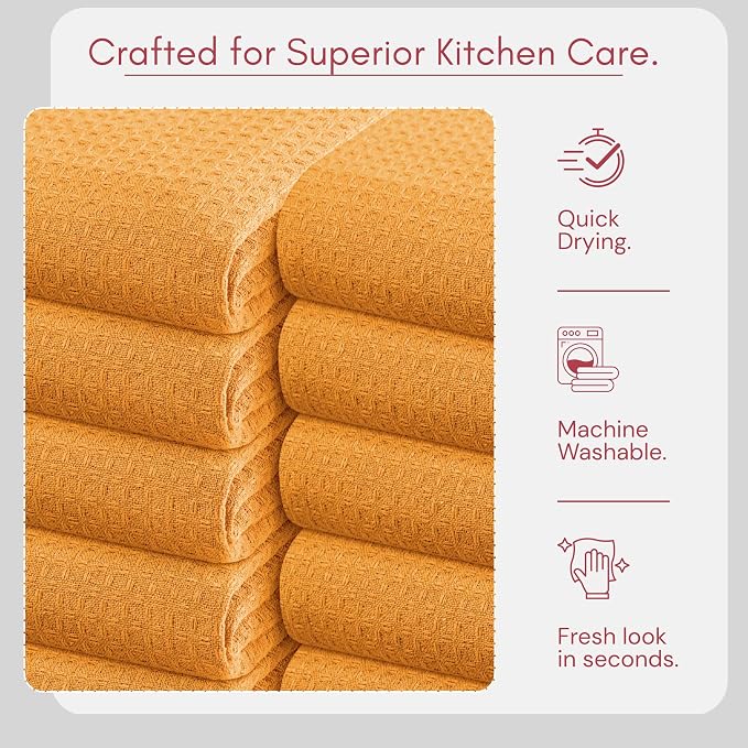 TWINY threads Kitchen Towels Set of 6, 100% Cotton Waffle Weave Easter Dish Towels, Tea Towels with Hanging Loop, Washable Bar Towels for Table Cleaning, Dinning, Parties- 16"X 26"-Mustard Yellow