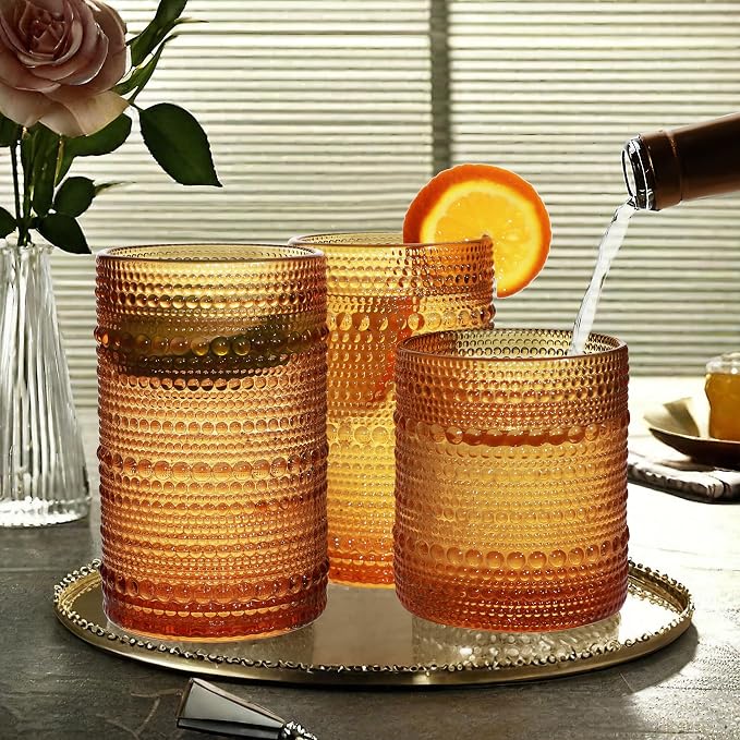Vintage Hobnail Driinking Glasses Set, Glassware Drinking Set of 8, 12 oz Highball Glasses & 10 oz Cocktail Glasses, Tumbler Glasses for Cocktails, Whiskey, Juice, Milk