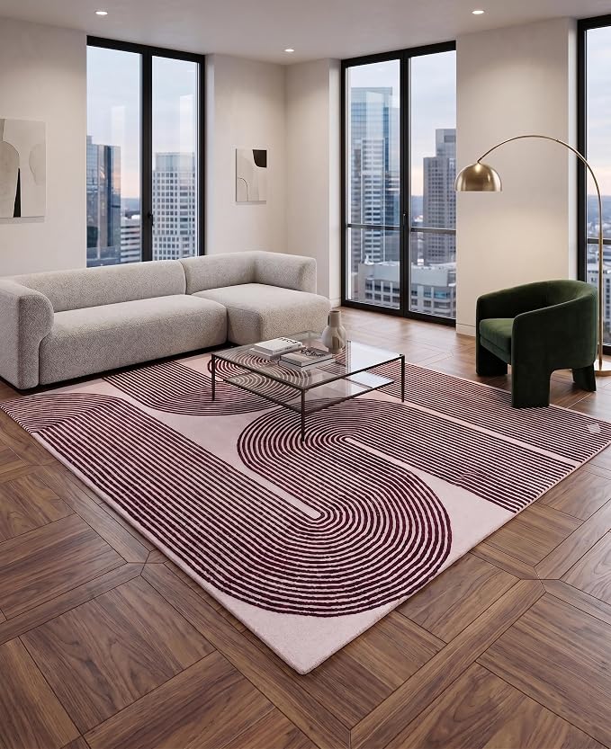 Modern Handmade Wool Area Rug, Abstract Curved Line Geometric Indoor Carpet for Living Room Bedroom, Contemporary Tufted Rug with Soft Pile and Cotton Backing (Deep Plum, 5' x 8')