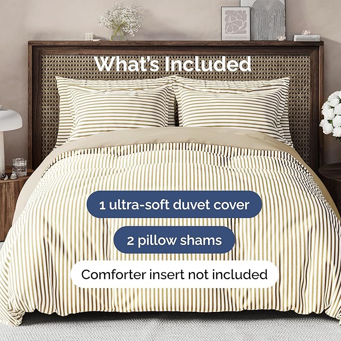 Duvet Cover Full Size - Extra Soft Full Size Duvet Cover - Lightweight, Breathable, Easy Care & Fade Free w/Zipper Closures & Ties - 80" x 90" Inches - (Beige Stripes 2) Comforter Not Included