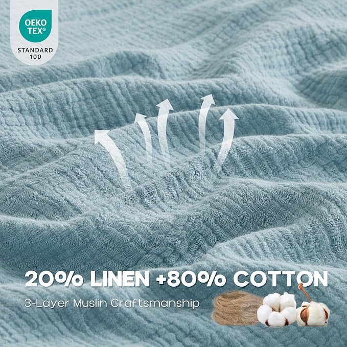 Simple&Opulence Linen Muslin Duvet Cover Set King Size, 3Pcs Blue Linen Cotton 3-Layer Gauze Minimalist Comforter Cover 104”x92”, Ultra Soft Breathable Seersucker Bedding Set with 2 Pillowcases