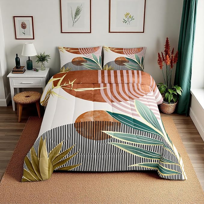 Erosebridal Boho Mid Century Comforter Set Queen Vintage Bedding Set for Boys Girls,Abstarct Retro Stripes Down Comforter Modern Minimalist Simplistic Duvet Insert,Brown Room Decor