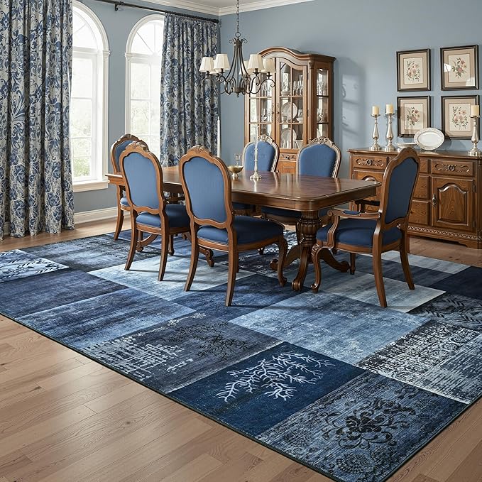 Tepook 9x12 Blue Area Rugs for Living Room, Modern Large Geometric Rug for Bedroom, Washable Patchwork Rug Indoor Non Slip Throw Carpets for Dining Room Office Farmhouse Home Decor