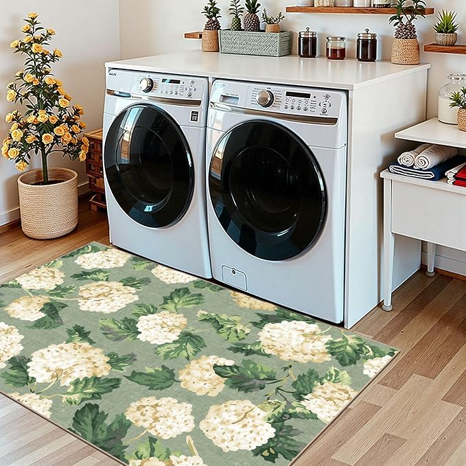 3x5 Floral Entry Rug - Small Washable Indoor Outdoor Mats for Front Door Non-Slip Porch Rug Sage Green Spring Flower Throw Rugs for Living Room Bedroom Entryway Kitchen Office Porch Decor