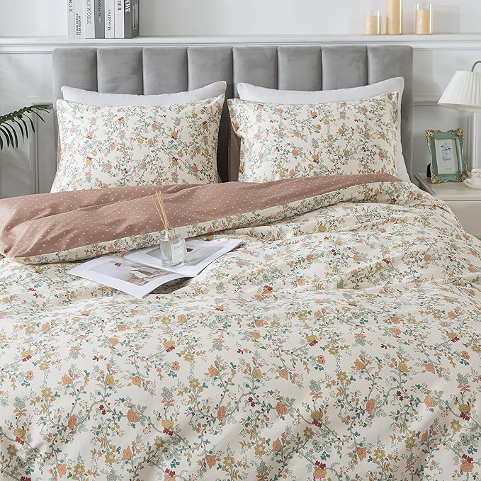 HoneiLife Botanical Duvet Cover Queen - 100% Cotton Comforter Cover Sets, Floral Duvet Cover Sets,Wildflower Bedlinen Set with Zipper Closure & Corner Ties
