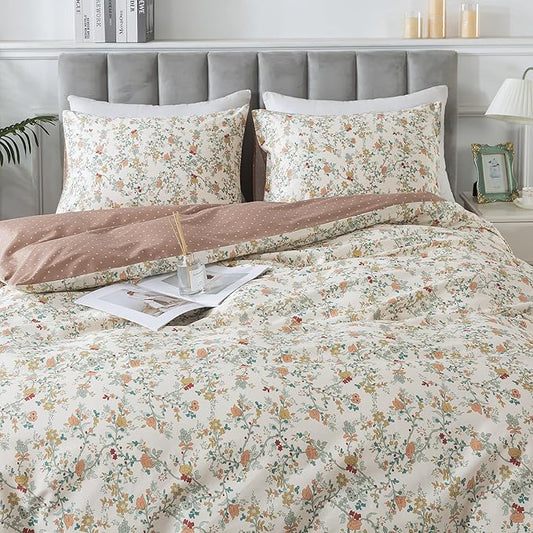 HoneiLife Botanical Duvet Cover Queen - 100% Cotton Comforter Cover Sets, Floral Duvet Cover Sets,Wildflower Bedlinen Set with Zipper Closure & Corner Ties
