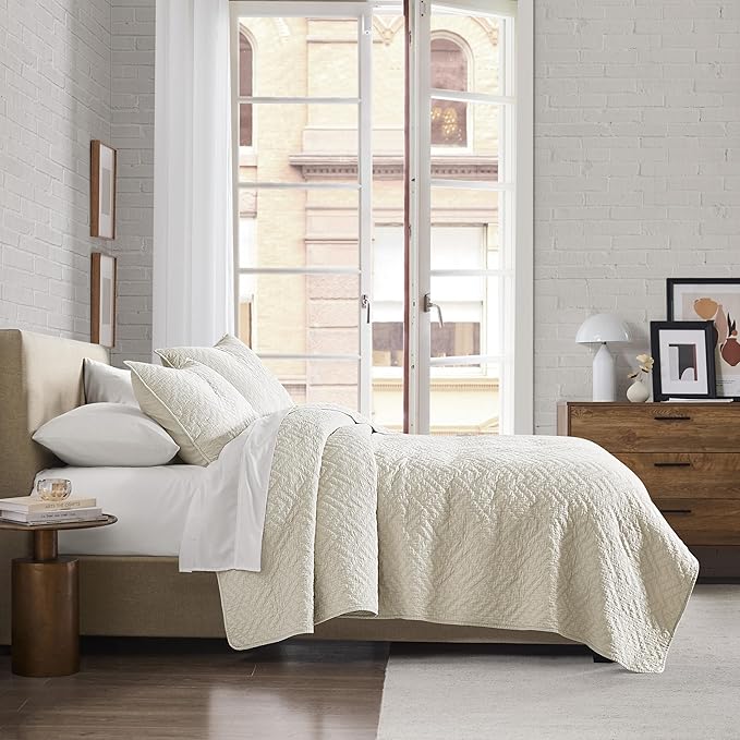 palassio Beige 100% Cotton Quilt Queen Size Bedding Sets with 2 Pillow Shams, Lightweight Textured Farmhouse Country Bedspread Soft Shabby Chic Patterned Coverlet for All Season, 3 Pieces