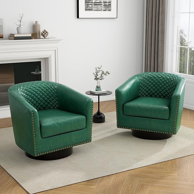 UIXE Swivel Accent Chairs, PU Leather Barrel Club Chair for Living Room, Upholstered Armchair Comfy Single Sofa Bedroom Reading Seat - Green, Set of 2