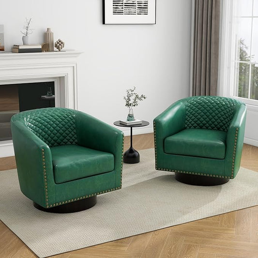 UIXE Swivel Accent Chairs, PU Leather Barrel Club Chair for Living Room, Upholstered Armchair Comfy Single Sofa Bedroom Reading Seat - Green, Set of 2