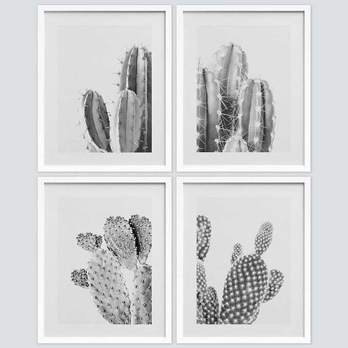 SIGNWIN Framed Black & White Saguaro Southwest Desert Tropical Cactus Wall Art, Set of 4 Floral Botanical Wall Decor Prints, Nature Wilderness Wall Décor for Living Room, Bedroom - 8"x10" White