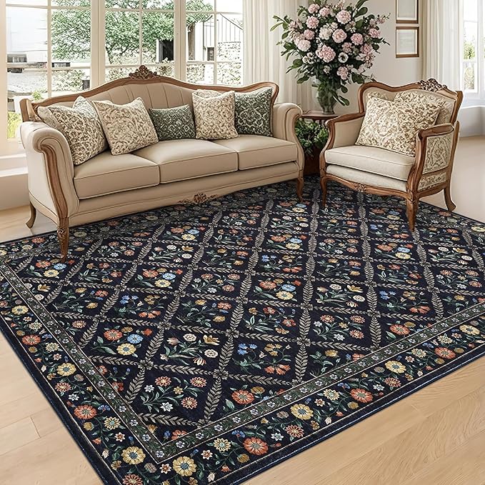 GarveeHome Large Area Rugs 10x13 Washable Rug for Spring Farmhouse Floral Carpet Navy&Black Soft Non Slip Low Pile Faux Wool Stain Resistant for Bedroom Kitchen Bathroom Laundry