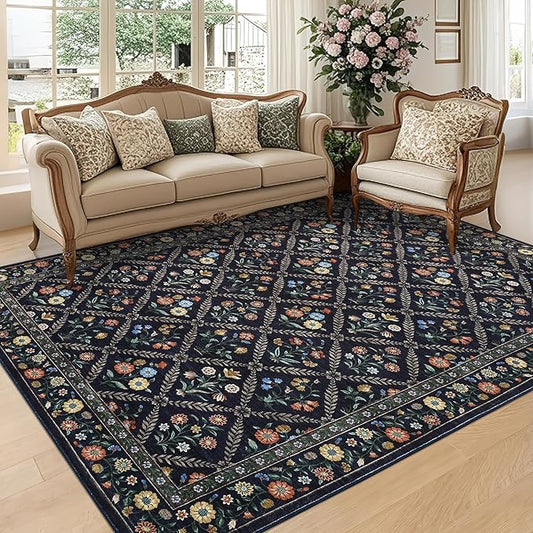 GarveeHome Large Area Rugs 10x13 Washable Rug for Spring Farmhouse Floral Carpet Navy&Black Soft Non Slip Low Pile Faux Wool Stain Resistant for Bedroom Kitchen Bathroom Laundry