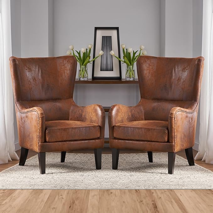 2 Piece Mid-Century Modern Accent Chairs, 27" Wide Wingback Club Chair Set of 2 with Nailhead Trim, Fabric Reading Living Room Side Chair,Single Armchair Sofa