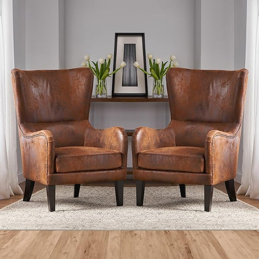 2 Piece Mid-Century Modern Accent Chairs, 27" Wide Wingback Club Chair Set of 2 with Nailhead Trim, Fabric Reading Living Room Side Chair,Single Armchair Sofa