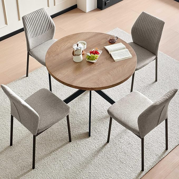 37" Round Dining Table Set for 4, Mid Century Modern Small Coffee Set for Dining Room Kitchen Apartment (Walnut Table + 4 Linen Fabric Light Brown Chairs)