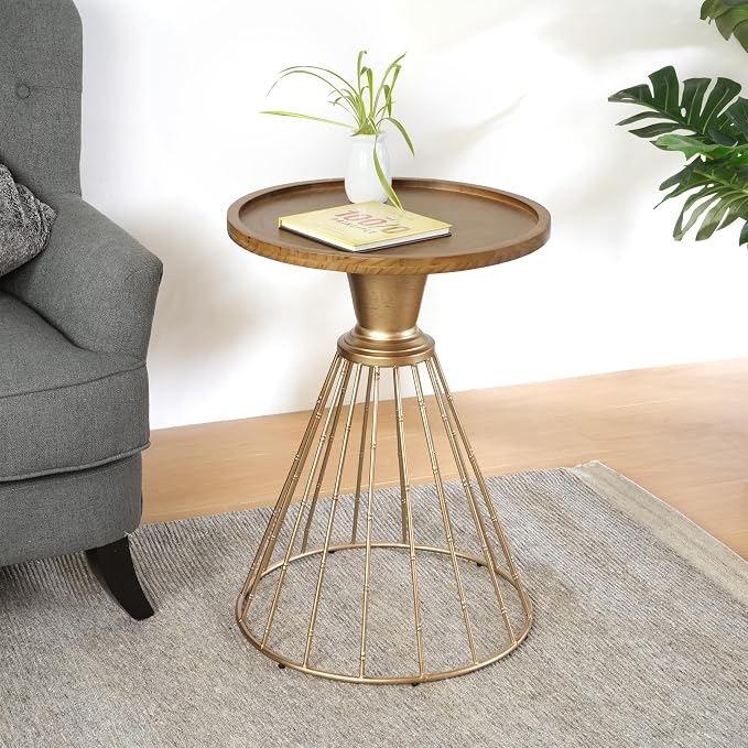 25" Pine Wood & Iron Side Table, End Table with Anti-Slip Concave Top, Small Table with Retro Hollow Design for Indoor Spaces, Antique Gold,Natural