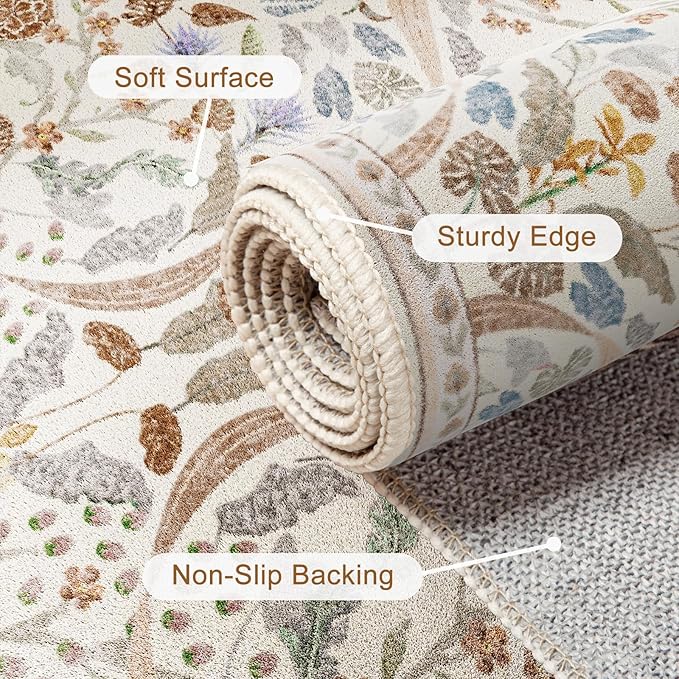 AMTOVO 6x9 Washable Area Rugs for Living Room, Non-Slip Large Soft Boho Floral Vintage Accent Print Carpet for Bedroom Dorm Nursery Room Dining Room Farmhouse Home Office, Beige