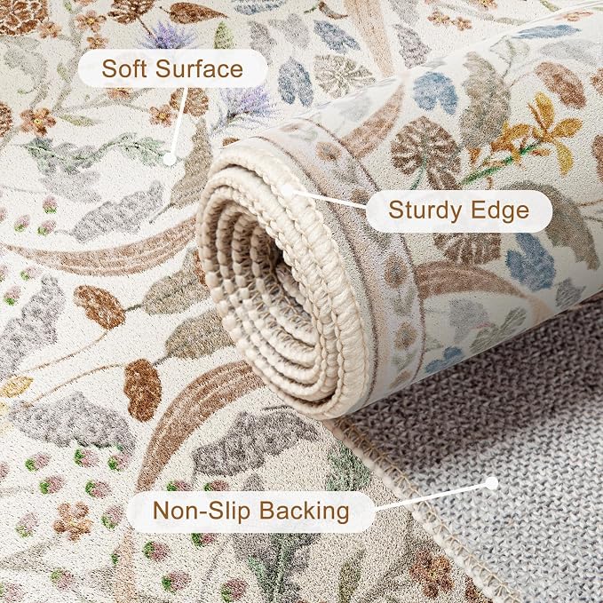 AMTOVO 2x6 Runner Rug for Hallway, Washable Non-Slip Long Kitchen Carpet, Floral Vintage Distressed Floor Mat for Hallways Entryway Living Room Laundry Room Bathroom Farmhouse, Beige