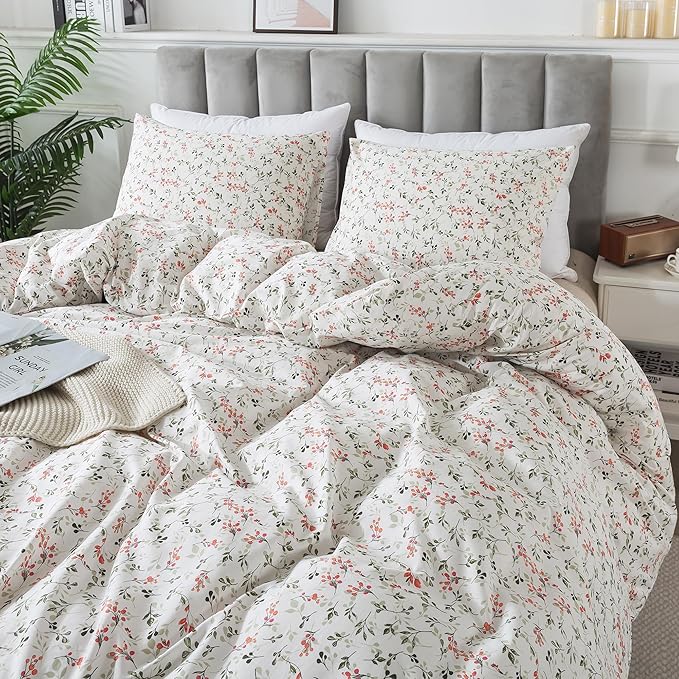 HoneiLife Duvet Dover King Size - 100% Cotton Comforter Cover Floral Duvet Cover Sets, Breathable Duvet Cover with Zipper Closure & Corner Ties, 3-PC Wildflower Comforter Cover Sets, Red Bean