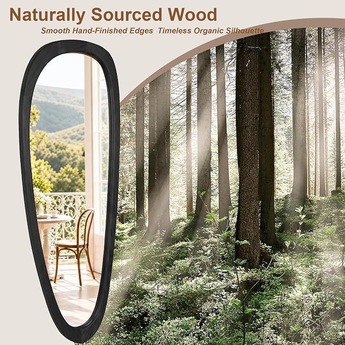 60''x22'' Asymmetrical Mirror with Black Wood Frame, Extra Large Teardrop Shaped Wall Decor, HD Tempered Glass Vanity Mirrors for Living Room, Horizontal Vertical Hanging, Black