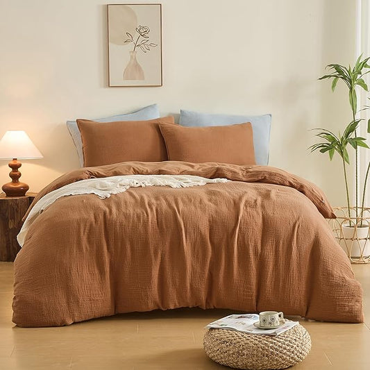 Simple&Opulence Linen Muslin Duvet Cover Set Twin Size, 3Pcs Rust Linen Cotton 3-Layer Gauze Minimalist Comforter Cover 68”x86”, Ultra Soft Breathable Seersucker Bedding Set with 1 Pillowcase