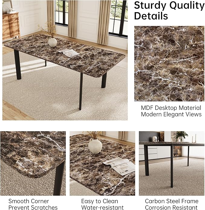 Extendable Dining Table Set for 6-8 People, 63 to 78.7 Inch MDF Kitchen Table with 6 Upholstered Chairs, Space-Saving for Dining Room, Breakfast Nook (Brown Table & 6 Brown U-Shaped Chairs)