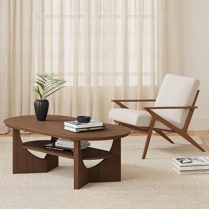 Mid Century Modern Coffee Table, 47" Oval Wood Coffee Tables for Living Room, 2 Tier Curved Round Center Table with Storage Shelf & Sturdy Base, Minimalist Retro Tea Tables, Walnut