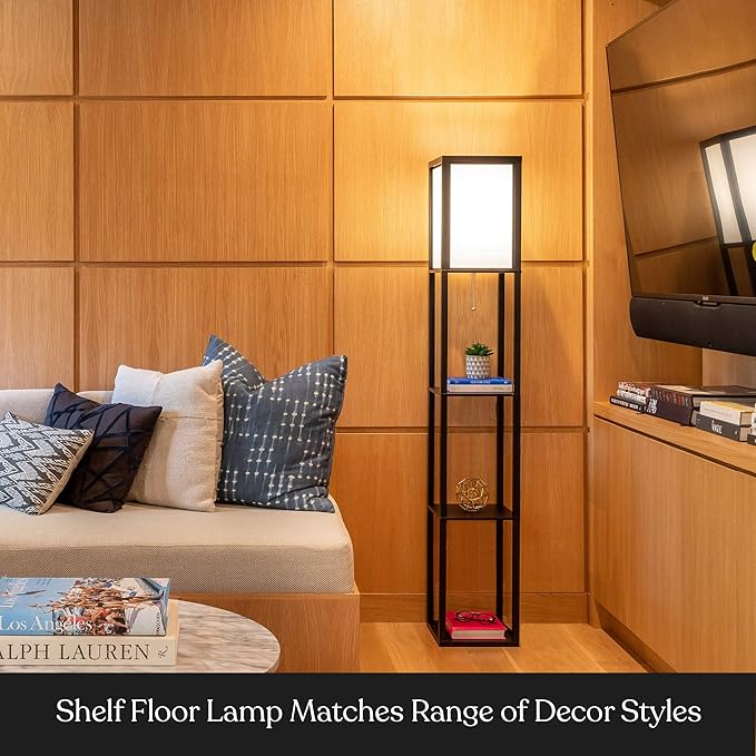 Brightech Maxwell - Modern Shelf Floor Lamp with Lamp Shade & Warm White LED Bulb, Corner Display Floor Lamp with Shelves for Living Room, Bedroom, Nightstand Office, Home Decor Storage - Black
