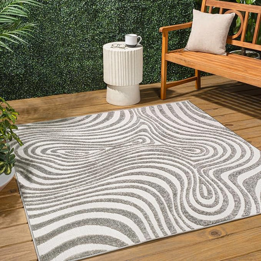 JONATHAN Y Maribo High-Low Abstract Striped Gray/Ivory 6x6 Square Indoor/Outdoor Area Rug, Pet Friendly, Non-Shedding, Stain Resistant, Easy-Cleaning for Backyard, Patio, Porch (SCN103B-6SQ)
