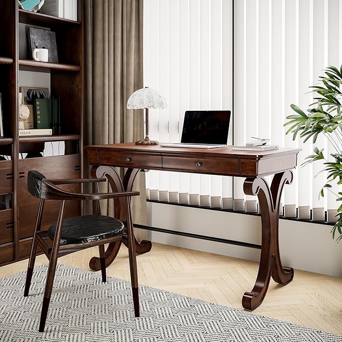 47.2"Large Computer Office Desk Workstation,Modern Simple Style Laptop Desk,Classic Wooden Writing Desk Business Furniture with Storage Drawers,Elegant Scroll Leg Design for Home Office(TABLE ONLY!)