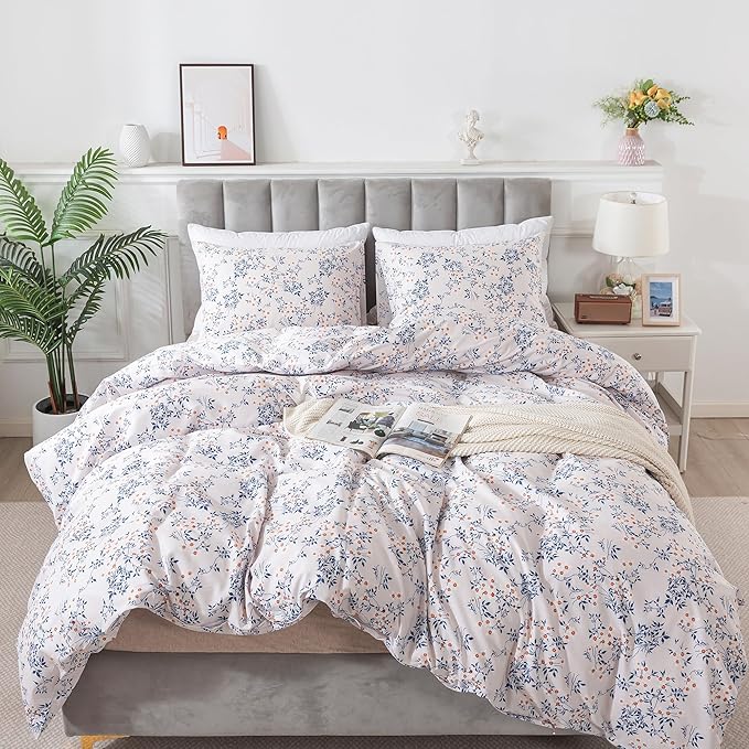 HoneiLife King Size Duvet Cover - 100% Cotton Comforter Cover, Soft & Breathable Floral Bedding Duvet Cover Sets with Zipper Closure & Corner Ties, 3-PC Wildflower Comforter Cover Sets, Blue Leaves