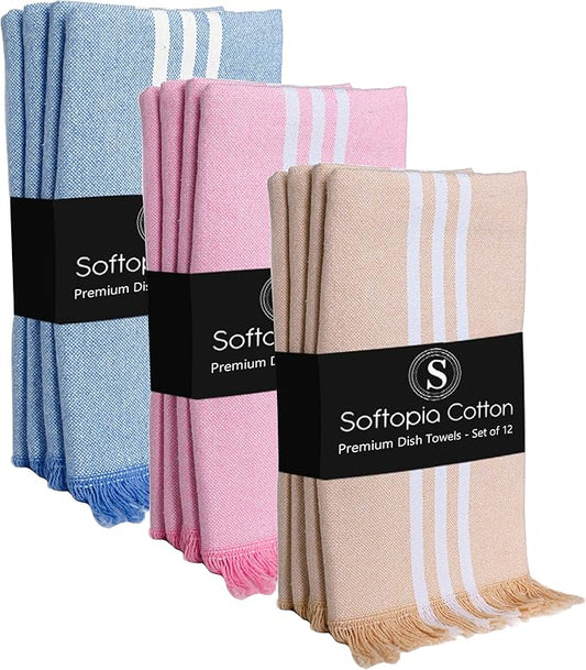 Dish Towels Multicolors 12 Pack, 16x26 Inches, Stripe Kitchen Tea Towels, Reusable Cleaning Cloths, Absorbent Drying Rags for Daily Use, Machine Washable - Beige, Rose Pink, Sky Blue