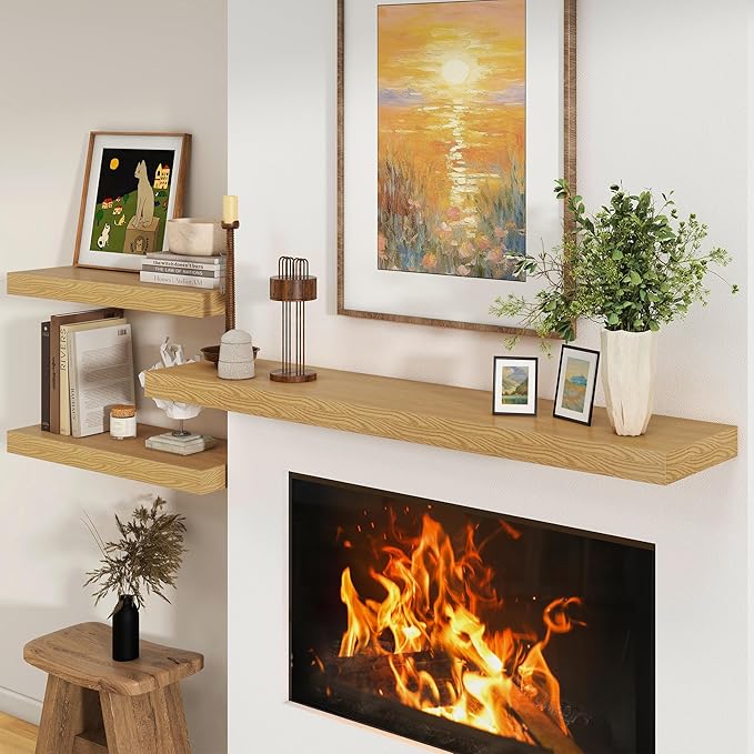 12 Inch Deep Floating Shelves | 55 Inch Oak Floating Shelves | 55" W x 12" D Rustic Wood Shelves for Wall | Deep Oak Shelves for Living Room Bathroom Laundry Room Kitchen