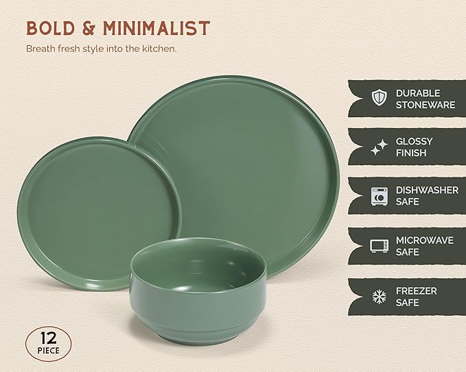 Vase and Vessel Ceramic Dinnerware Set, 12-Piece Service for 4, Round, Microwave and Dishwasher Safe, Cambridge Classics (Dusty Jade)