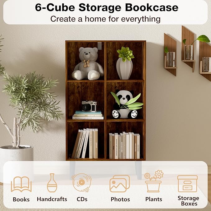 6 Cube Bookcase, Wooden Book Shelf Cube Storage Organizer with Legs, 3 Tier Bookshelf Freestanding Open Shelves for Bedroom, Living Room and Home Office (Brown, 6 Cube Vertical)