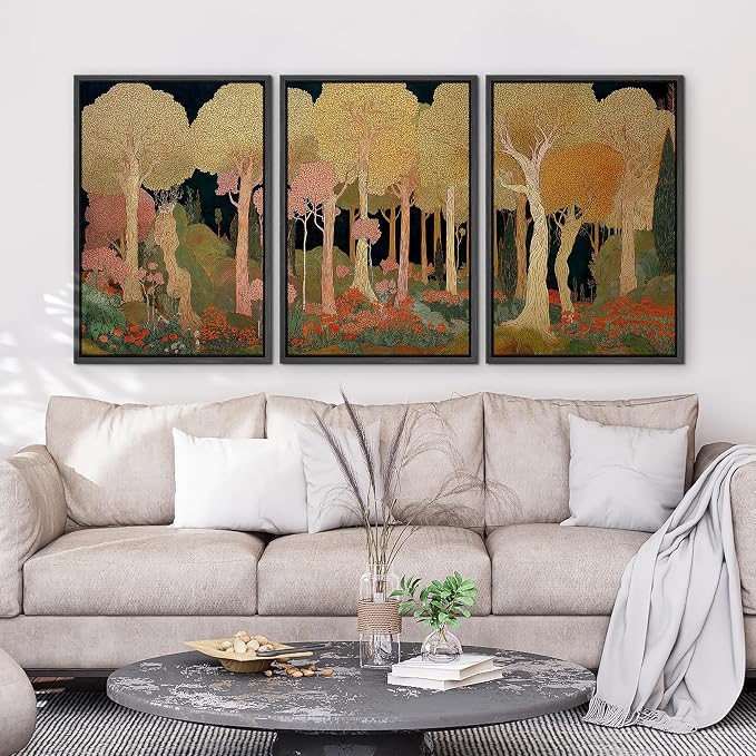 wall26 Framed Print Wall Art Set Art Nouveau Golden Forest Whimsical Vintage Tree and FloralDecorative Minimal Relax/Zen for Living Room, Bedroom, Office - 16"x24"x3 BLACK